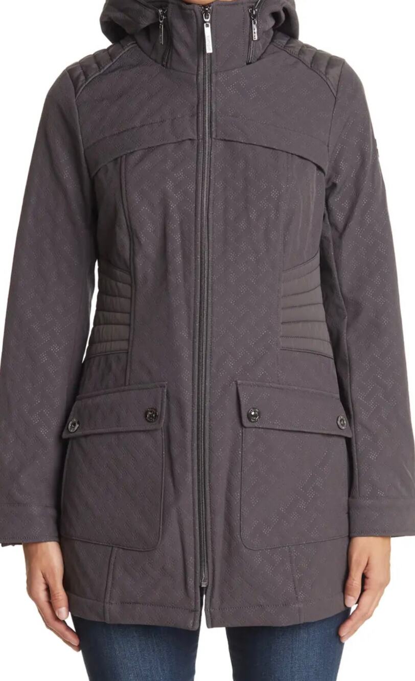 Kensie Thermo Fleece Hooded Soft Shell Jacket Grey Medium NWT $199 Winter Rain